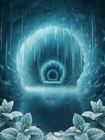 Leere Eishöhle mit Eiszapfen, im Vordergrund frostbedeckte Minzpflanzen