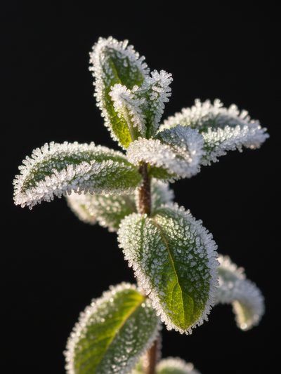 Nahaufnahme eines Minzzweigs, dessen Blätter mit feinen Eiskristallen besetzt sind